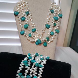 Signed Diana Venezia 925 4-Strand Turquoise & Pearl Necklace & Bracelet  SET